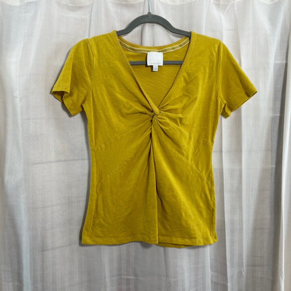 Anthropologie Ett:twa Mustard Yellow V Neck‎ Twist Front Short Sleeve Top Medium